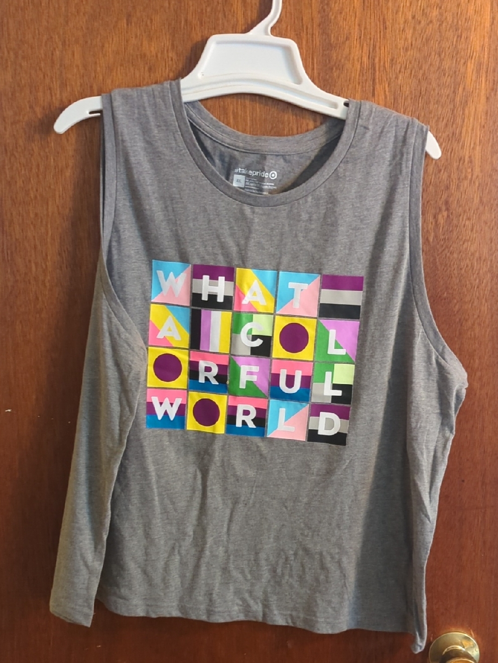Gray Graphic Muscle Tee - "What A Colorful World"